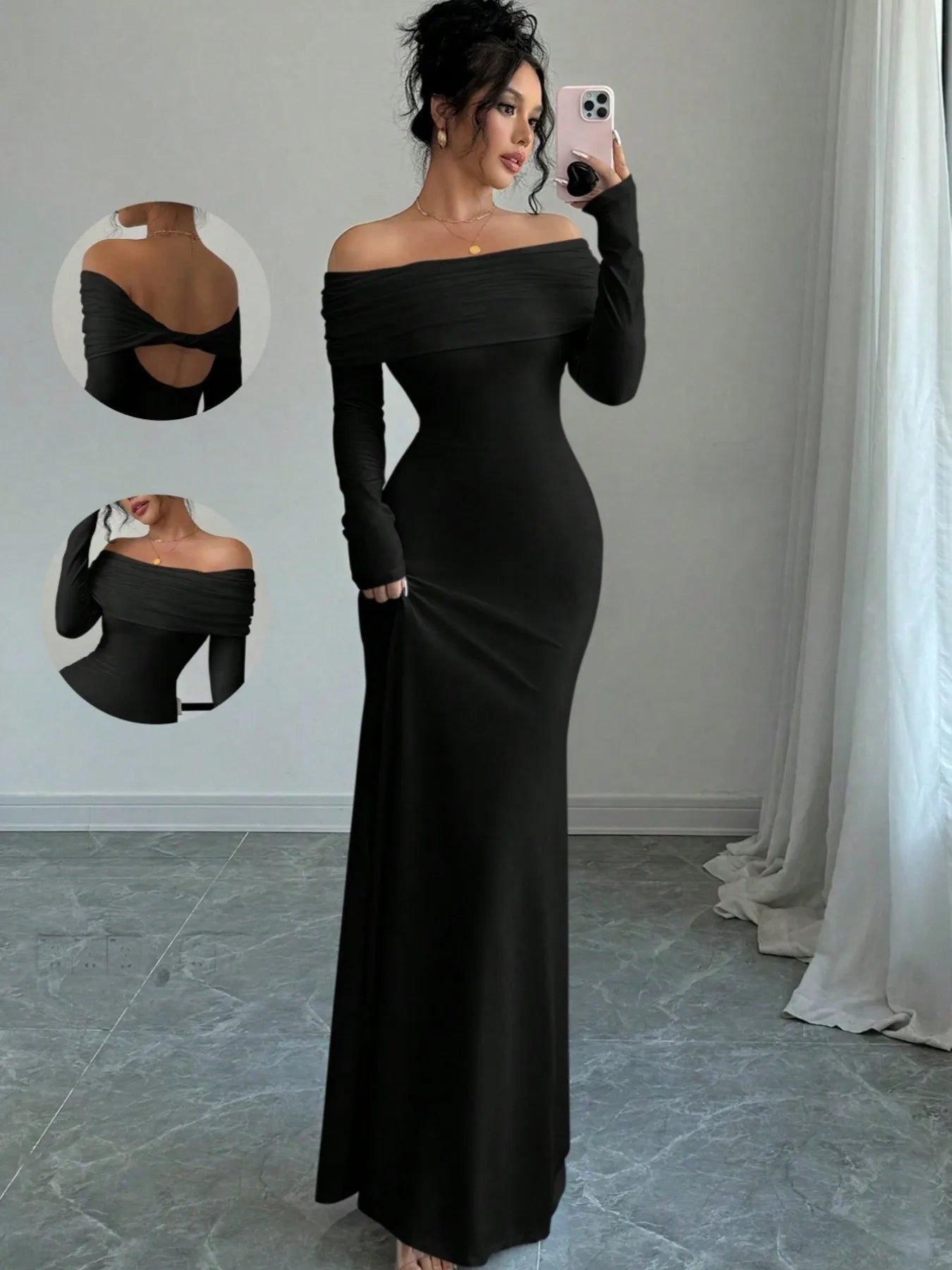 Off-Shoulder Long Sleeve Bodycon Maxi Dress - Blushé Belle