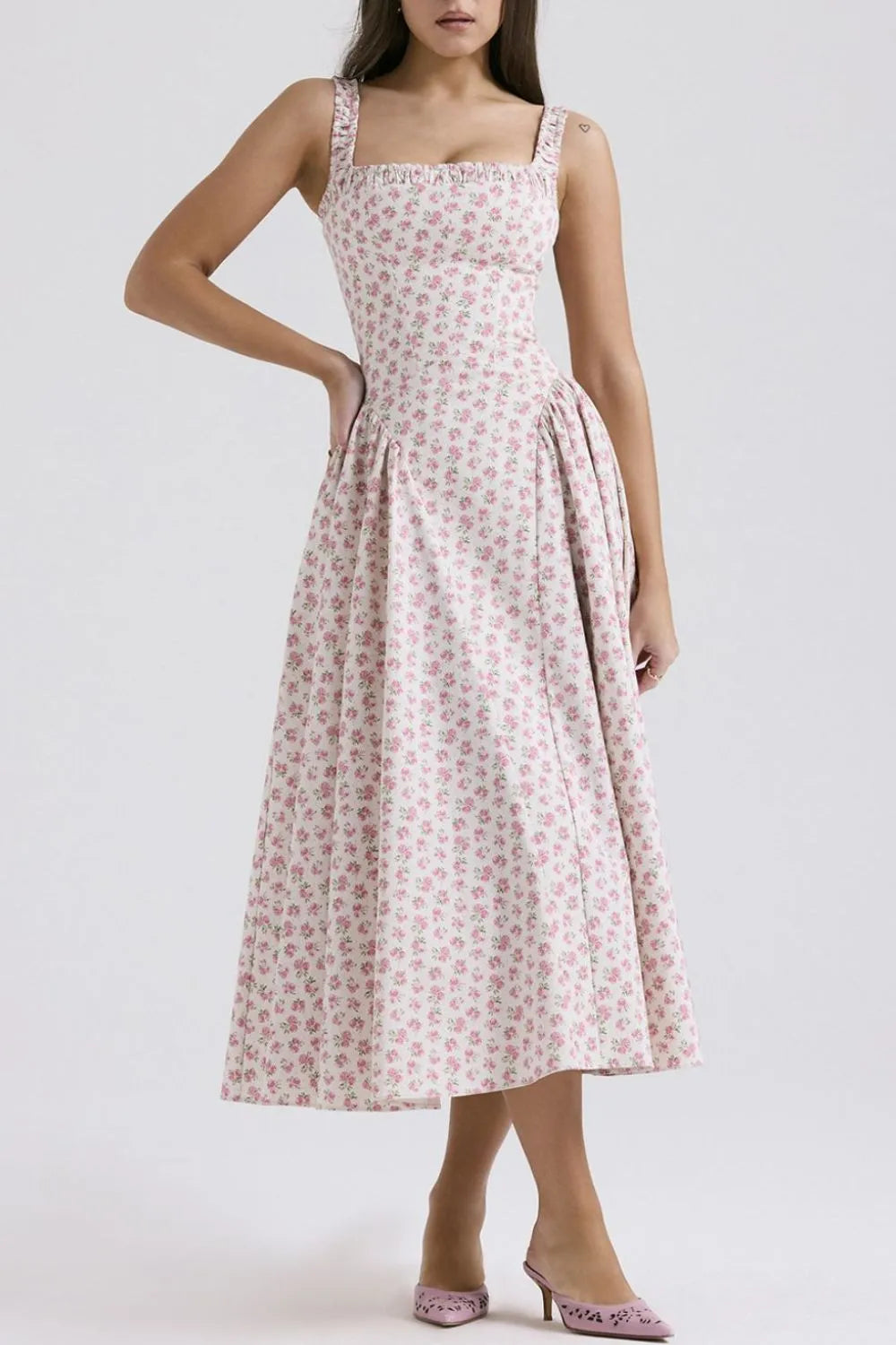 Floral Square Neck Wide Strap Midi Dress - Blushé Belle