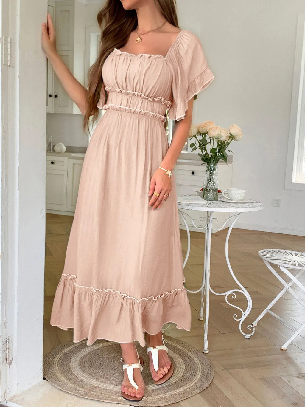 Square Neck Puff Sleeve Ruffle Trim Maxi Dress - Blushé Belle