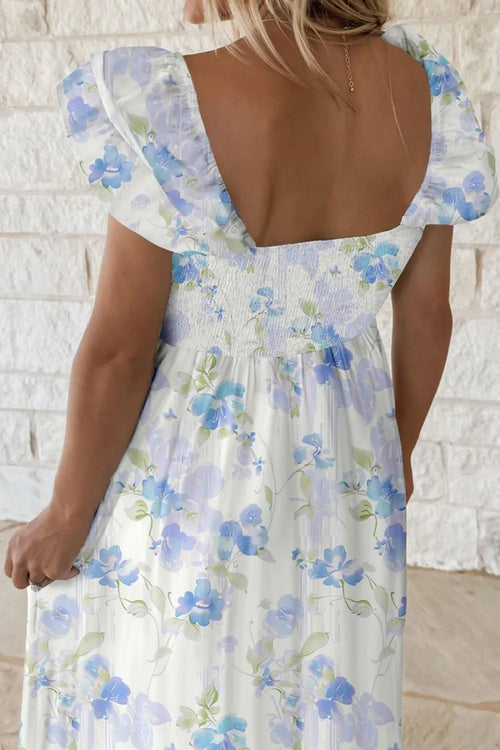 Floral Smocked High Waist Double Ruffle Sleeveless Long Dress - Blushé Belle