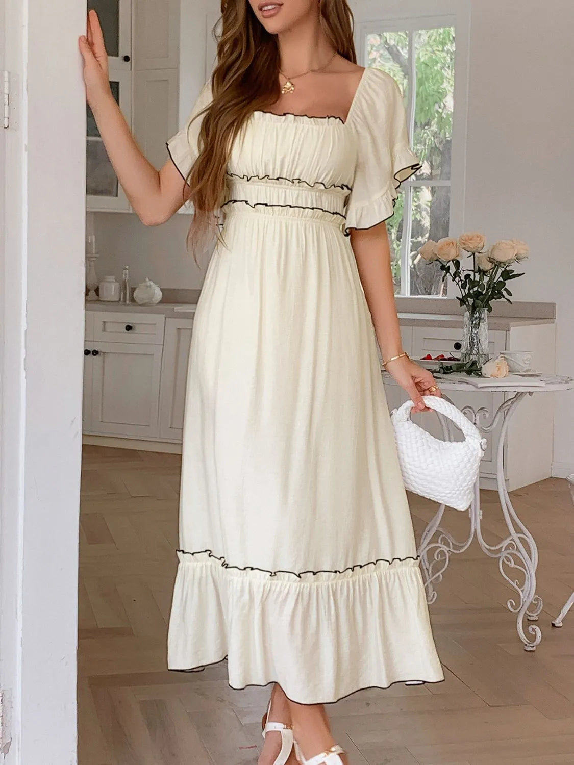 Square Neck Puff Sleeve Ruffle Trim Maxi Dress - Blushé Belle