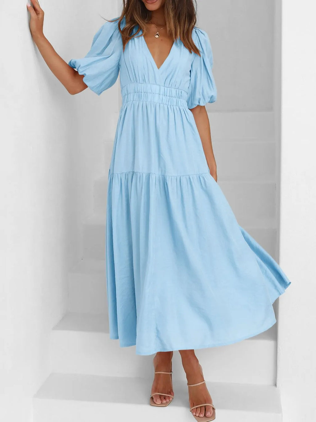 V-Neck Puff Sleeve Midi Dress - Blushé Belle