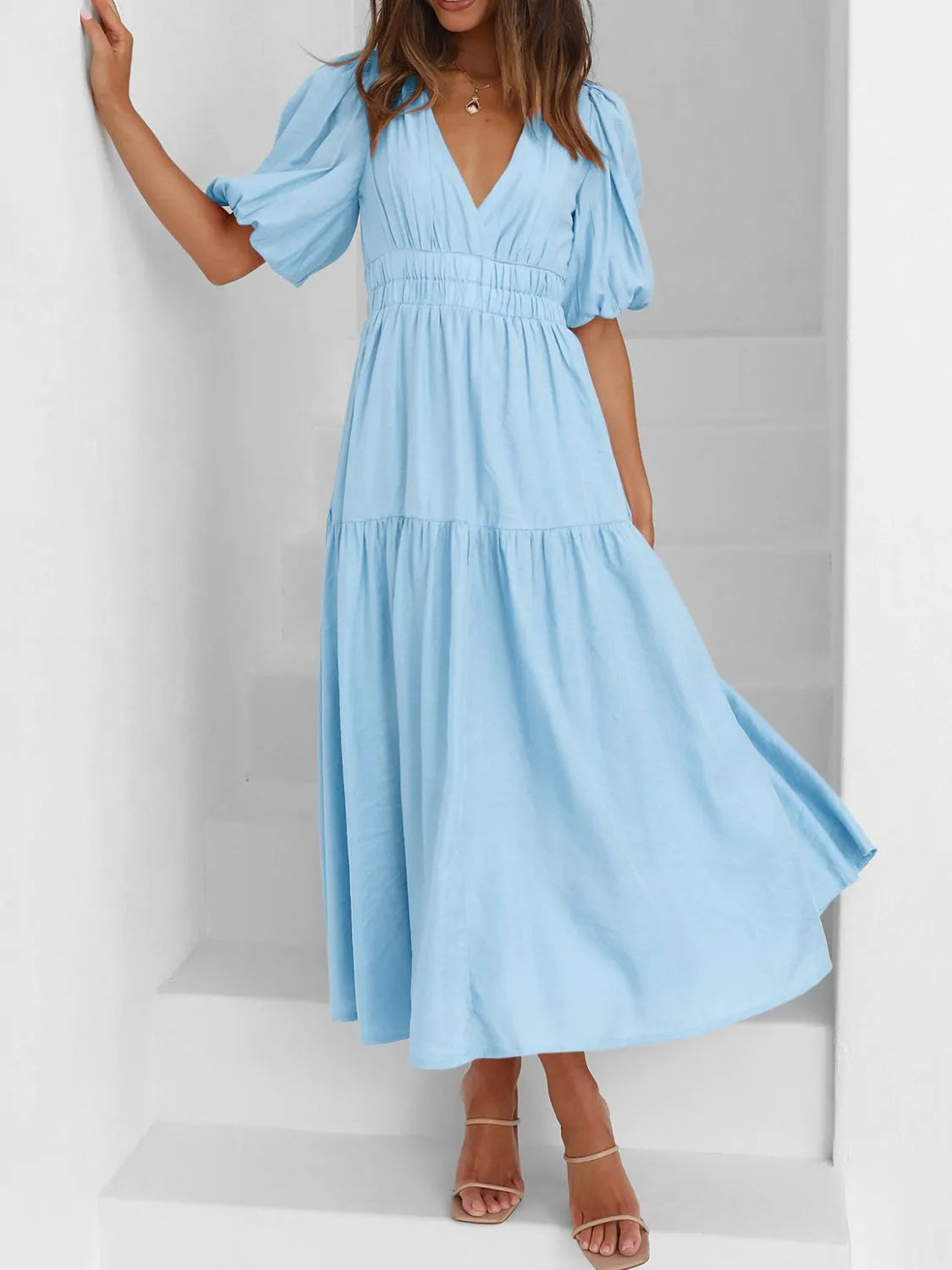 V-Neck Puff Sleeve Midi Dress - Blushé Belle