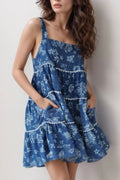 Floral Tiered Square Neck Denim Dress - Blushé Belle